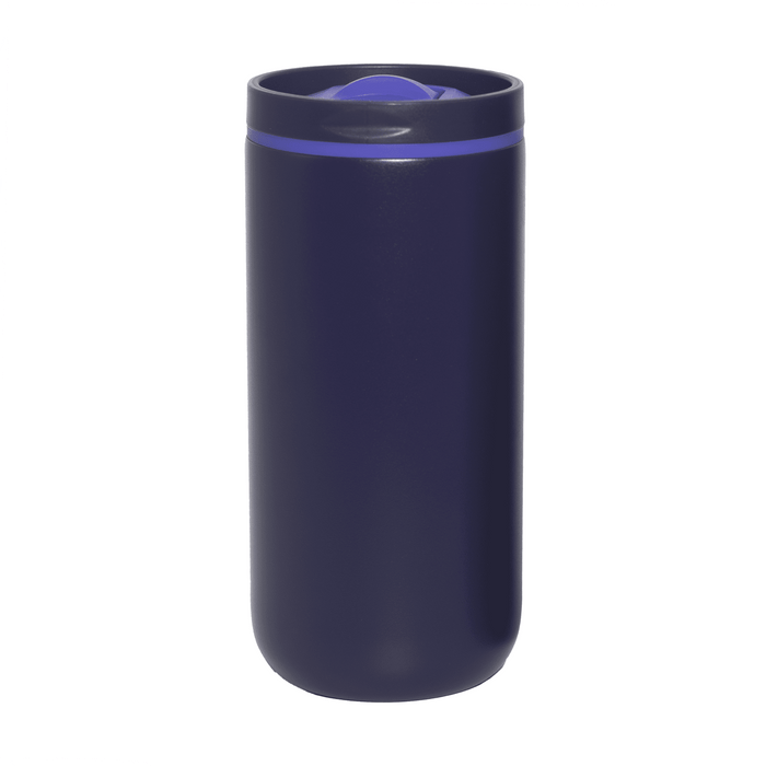 The Siena 450ml Vacuum Tumbler - A drink bottle with a dark navy body and a purple silicone lid, featuring a logo on the surface.