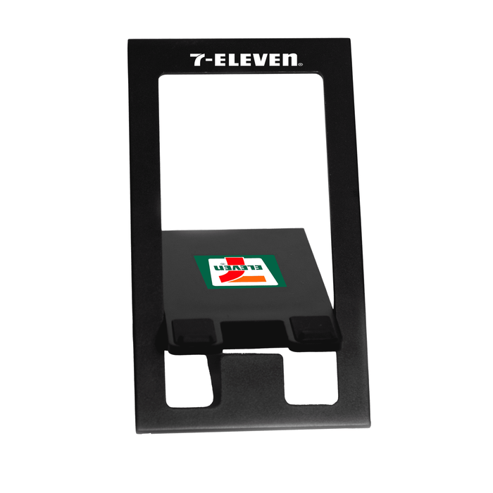 The Felix Foldable Phone Stand - A black foldable phone stand featuring a logo, designed for holding mobile devices securely.
