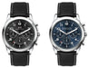 Chrono Unisex Watch, Leather Strap - A unisex Chrono watch with a black leather strap, featuring two dial options: black and blue. Each has a branded logo.