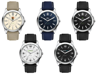 Solar Unisex Watch, rPET Strap - A collection of five unisex solar watches featuring various dial colours, with rPET straps and metallic cases. Each watch has a logo.
