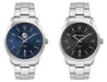 Mens Casual Dress Watch, Stainless Steel Strap - A casual dress watch with a stainless steel strap, featuring a blue and a black dial design. Both have branding.
