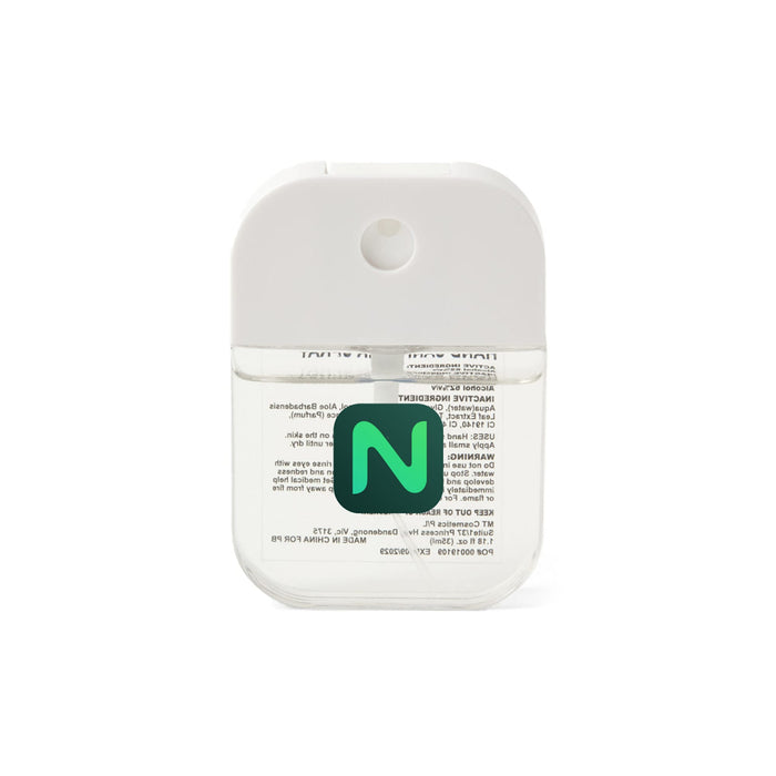 Scented 35ml Spray Sanitiser - A transparent 35ml spray sanitiser with a white cap and a green logo on the front.