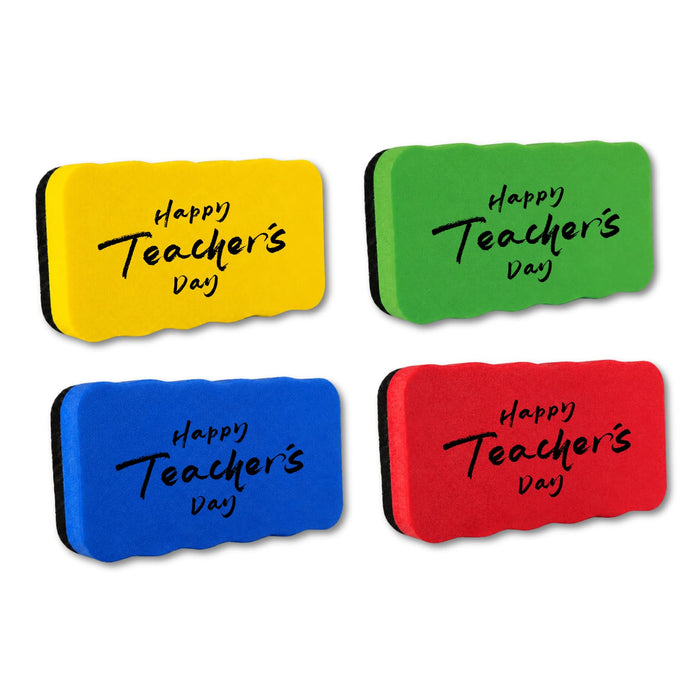 Magnetic Foam Whiteboard Eraser - A set of four magnetic foam whiteboard erasers in yellow, blue, red, and green, each with a logo.