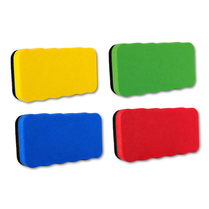 Magnetic Foam Whiteboard Eraser - A set of four magnetic foam whiteboard erasers in yellow, green, blue, and red. Each eraser features a textured surface.
