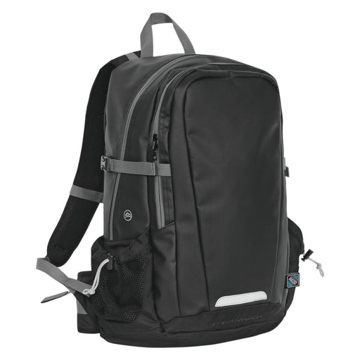 Deluge BackPack - A sleek black backpack with multiple compartments, adjustable straps, and a mesh side pocket. It features a logo.