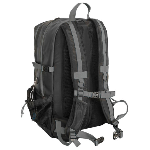 Deluge BackPack - A black backpack with grey straps, featuring multiple compartments and a mesh side pocket. It has a logo on the front.