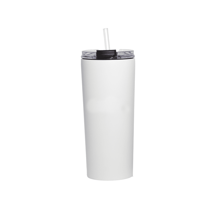 The Connor 600ml Vacuum Tumbler - A drink bottle with a sleek white exterior and a black lid featuring a straw, showcasing a modern design.
