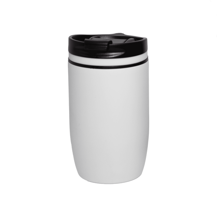 The Roamer 300ml Vacuum Cup - A drink bottle featuring a white body with a black lid, designed as a vacuum cup for temperature retention.