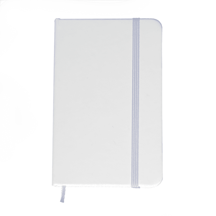 Minichroma A6 Notebook - A white Minichroma A6 notebook with a textured cover and an elastic band closure. It features a ribbon marker.