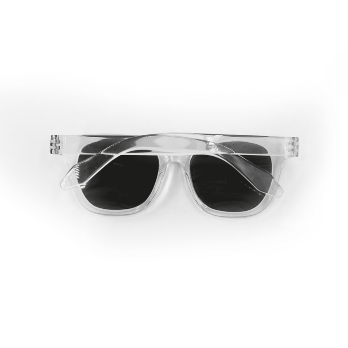 Summer Polarised Sunglasses - Clear polarised sunglasses with dark lenses and a modern design, featuring a logo on the frame.