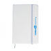Minichroma A6 Notebook - A white A6 notebook with a blue elastic band and branding on the side.