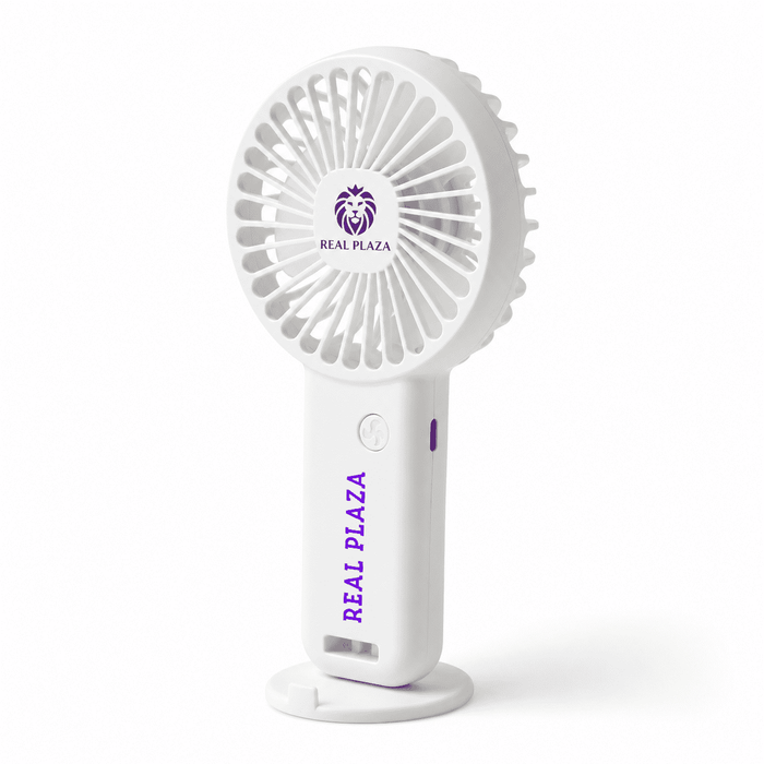 Hybrid Fan - A portable fan in white with a round design and a logo on the handle.