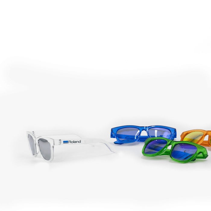 Summer Polarised Sunglasses - A pair of white sunglasses and three additional pairs in blue, green, and orange, each with blue lenses.