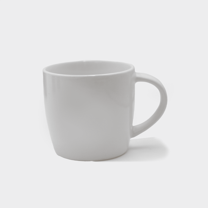 The Maxwell 330ml Ceramic Mug - A white ceramic mug with a curved handle and a smooth surface. The mug features a logo.