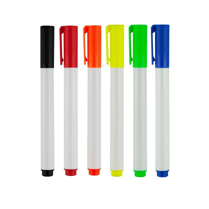 Bonack Whiteboard Marker - A set of six whiteboard markers in black, red, orange, yellow, green, and blue with white barrels and caps.