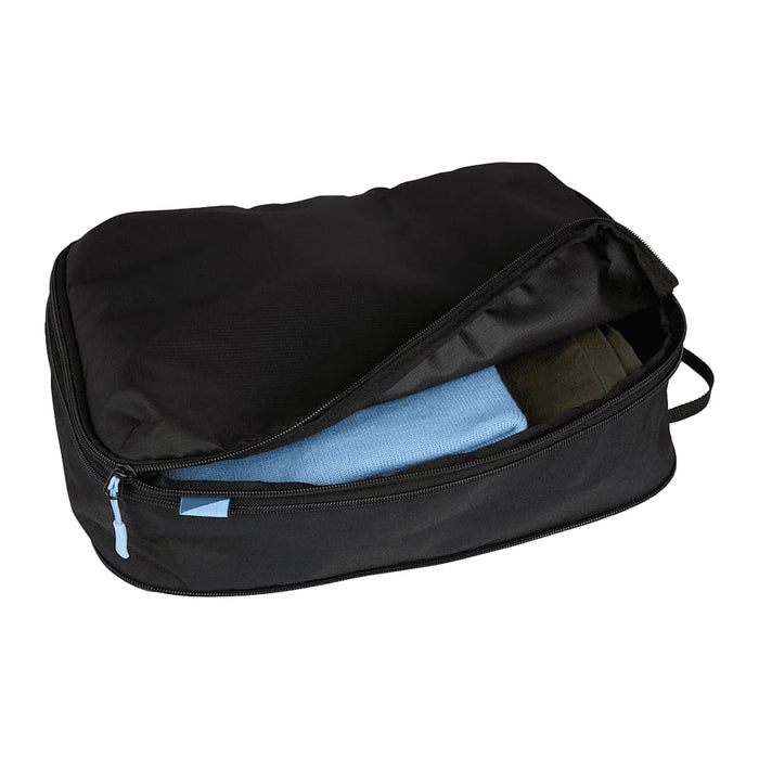 Wander & Roam Compression Packing Cube Set - A black compression packing cube set with folded clothes visible inside. Features a zipper and a handle.