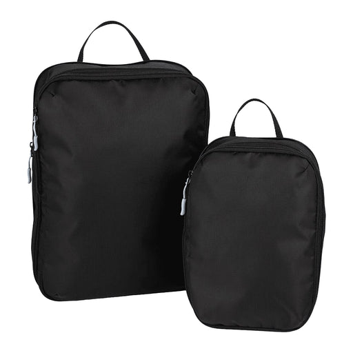 Wander & Roam Compression Packing Cube Set - A set of black compression packing cubes in two sizes, featuring zippers and carry handles, with a logo.