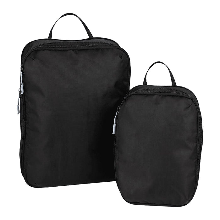 Wander & Roam Compression Packing Cube Set - A set of black compression packing cubes in two sizes, featuring zippers and carry handles, with a logo.