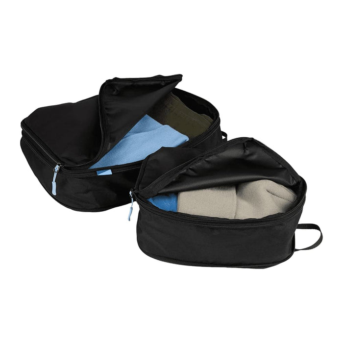 Wander & Roam Compression Packing Cube Set - Two black compression packing cubes with open zippers revealing colourful items inside, set against a neutral background.