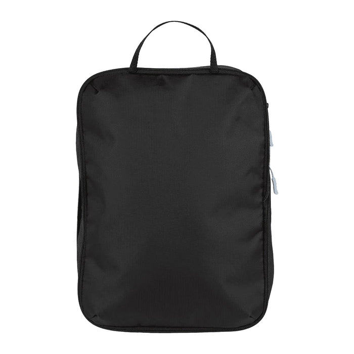 Wander & Roam Compression Packing Cube Set - A black packing cube with a handle and zipped compartments, designed for organisation and storage.