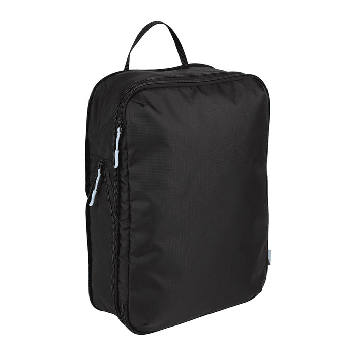 Wander & Roam Compression Packing Cube Set - A black compression packing cube with a handle, featuring zippered compartments and a sleek design.