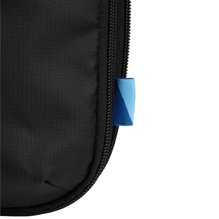 Wander & Roam Compression Packing Cube Set - A black packing cube featuring a blue zipper pull, designed for organising and compressing clothes and travel items.