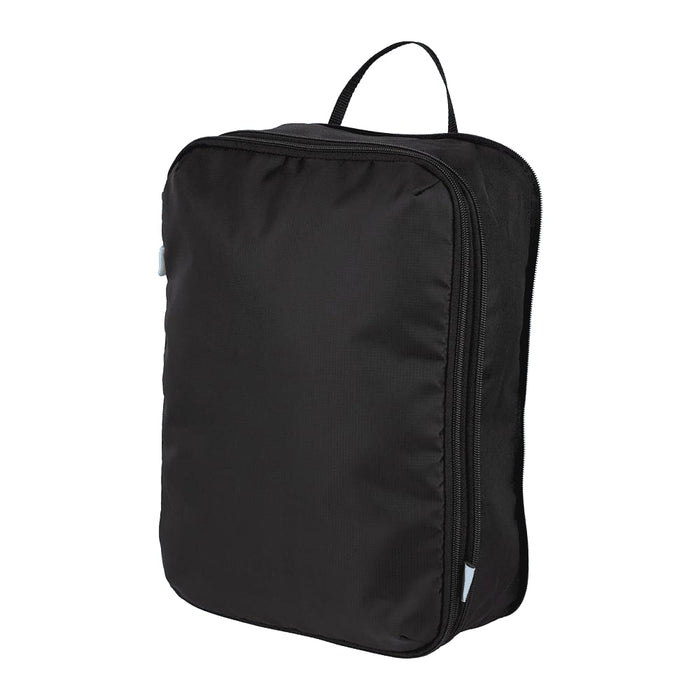 Wander & Roam Compression Packing Cube Set - A black compression packing cube with a zippered closure and a handle on top, featuring a logo.