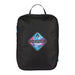 Wander & Roam Compression Packing Cube Set - A black packing cube with a geometric logo, featuring shades of blue and purple. It has a zip closure and a handle.