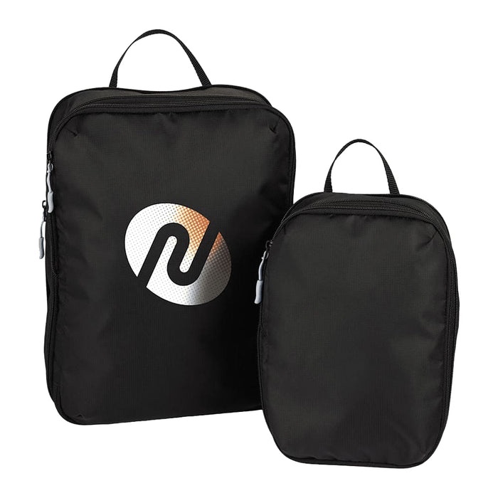 Wander & Roam Compression Packing Cube Set - A set of black compression packing cubes, one large and one small, featuring a logo on each.