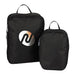 Wander & Roam Compression Packing Cube Set - A set of black compression packing cubes, one large and one small, featuring a logo on each.