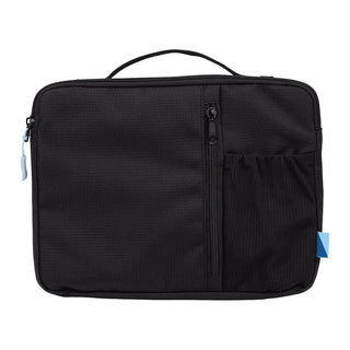 Wander & Roam Organiser Case - A black organiser case with a handle and front pocket, featuring a zip closure and a logo.