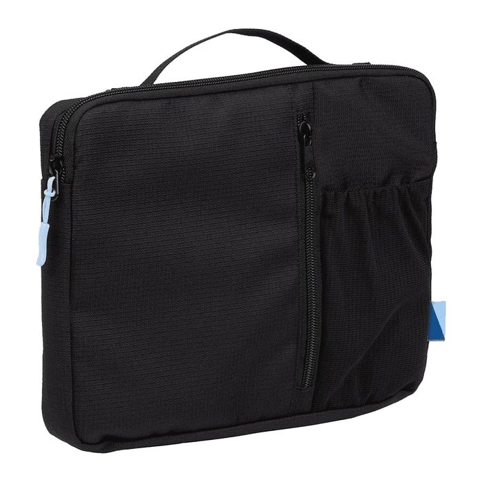 Wander & Roam Organiser Case - A black organiser case with a zippered pocket and a side mesh pocket, featuring a handle and branding.