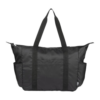 Wander & Roam Packable Travel Duffel Bag - A black packable travel duffel bag with sturdy handles and side pockets. It features a logo on the front.