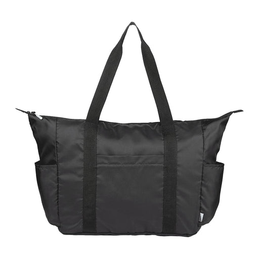 Wander & Roam Packable Travel Duffel Bag - A black packable travel duffel bag with sturdy handles and side pockets. It features a logo on the front.