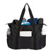 Wander & Roam Packable Travel Duffel Bag - A packable black duffel bag filled with clothing items and bottles, featuring side pockets and sturdy straps.