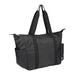 Wander & Roam Packable Travel Duffel Bag - A black packable travel duffel bag with dual handles and side pockets, featuring a logo.