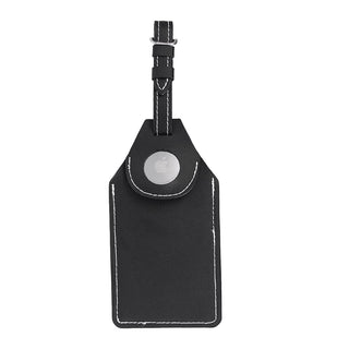 Wander & Roam Luggage Tag w/ AirTag Holder - A black luggage tag with a sleek design, featuring an AirTag holder and white stitching detail.