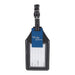Wander & Roam Luggage Tag w/ AirTag Holder - A black luggage tag featuring a holder for an AirTag, with a blue tag for personal details.