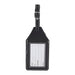 Wander & Roam Luggage Tag w/ AirTag Holder - A black luggage tag with a clear window for information, featuring a strap and contrasting stitching.