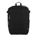 Wander & Roam Travel Backpack - A black travel backpack with multiple zippered pockets and a top handle. It features blue zipper accents and has a logo.