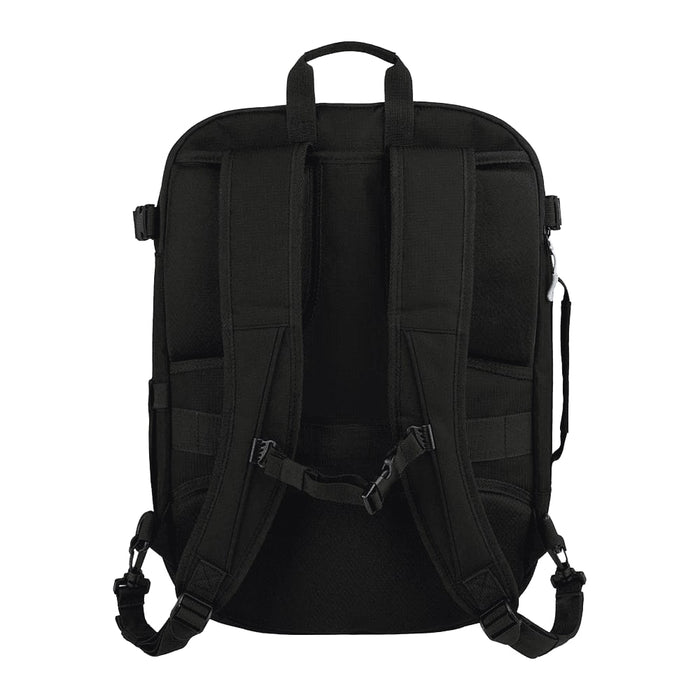 Wander & Roam Travel Backpack - A black travel backpack featuring padded straps and multiple compartments. It has a branding logo visible.
