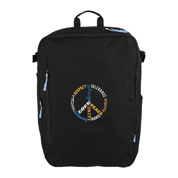 Wander & Roam Travel Backpack - A black travel backpack featuring a circular design with various words and an emblem, along with a logo.
