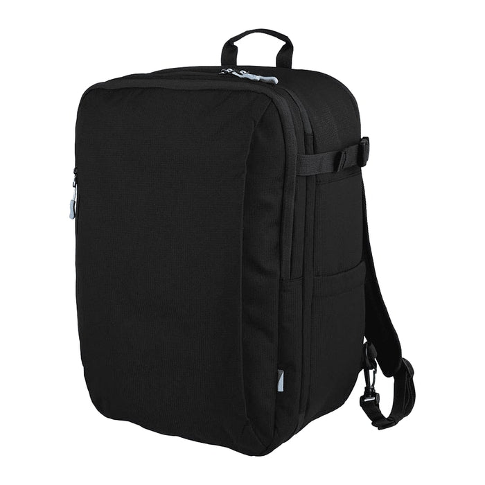 Wander & Roam Travel Backpack - A black travel backpack featuring a sleek design, adjustable straps, and a logo on the front.
