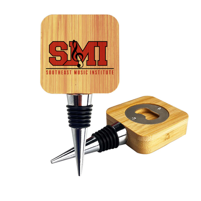 Bamboo Wine Stopper Opener - A drink bottle stopper and opener made of bamboo with a metal base, featuring a logo.