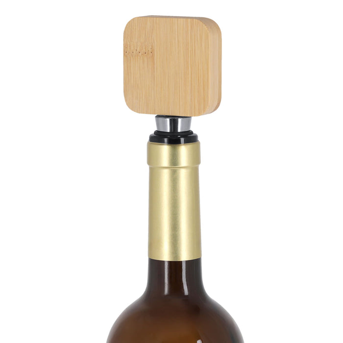 Bamboo Wine Stopper Opener - A drink bottle with a bamboo wine stopper opener, featuring a square top and metallic base.