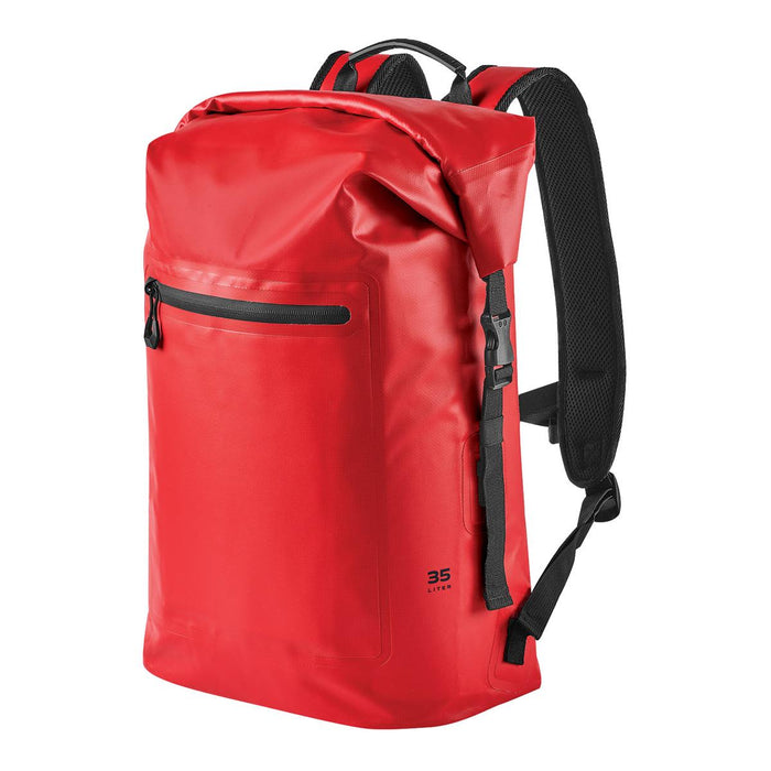 Cirrus Backpack 35 - A red backpack with a sleek design, featuring adjustable straps and a front zip pocket. It includes a logo.
