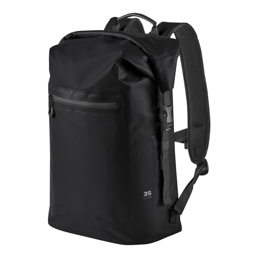 Cirrus Backpack 35 - A black waterproof backpack with adjustable straps and a front zip pocket. It has a distinctive branding logo.