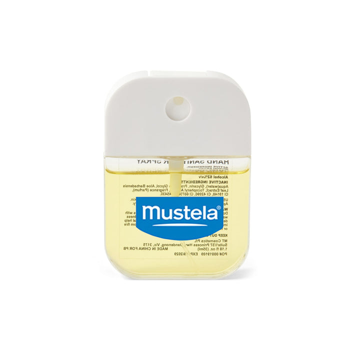 Scented 35ml Spray Sanitiser - A 35ml spray sanitiser in a clear container with a white cap and a blue logo, containing a yellow liquid.